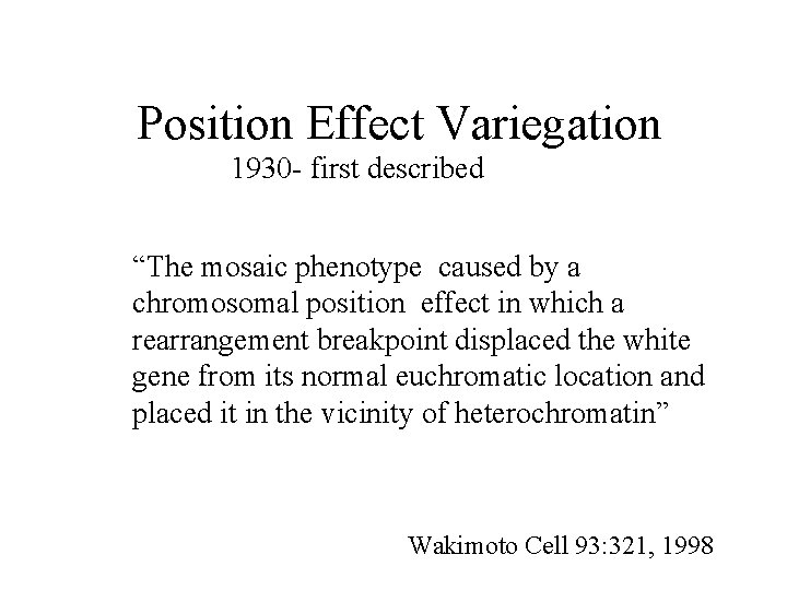 Position Effect Variegation 1930 - first described “The mosaic phenotype caused by a chromosomal