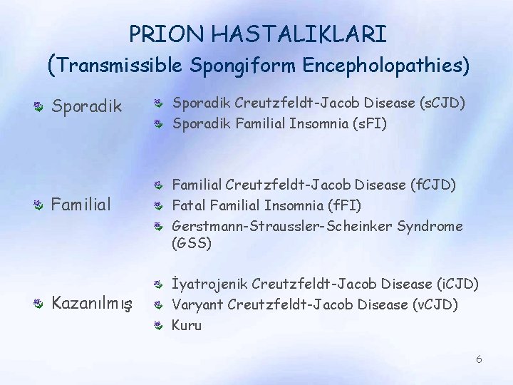 PRION HASTALIKLARI (Transmissible Spongiform Encepholopathies) Sporadik Familial Kazanılmış Sporadik Creutzfeldt-Jacob Disease (s. CJD) Sporadik
