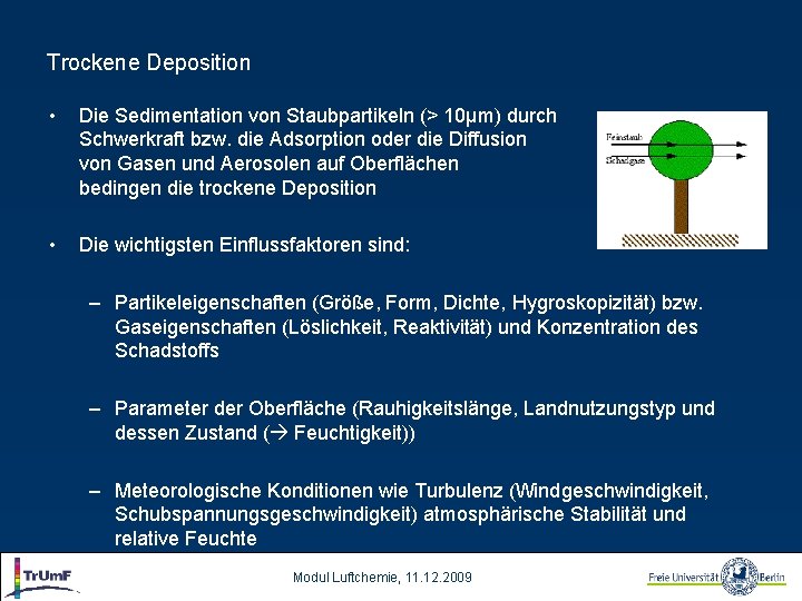 Trockene Deposition • Die Sedimentation von Staubpartikeln (> 10µm) durch Schwerkraft bzw. die Adsorption