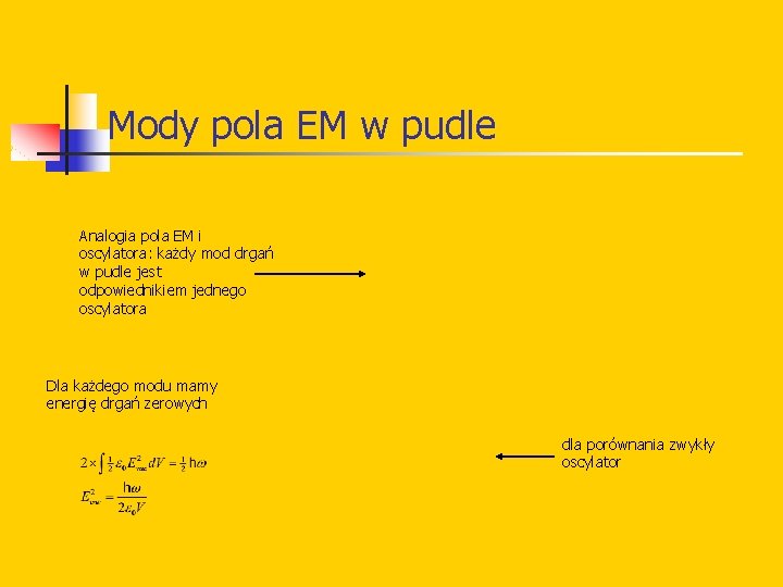 Mody pola EM w pudle Analogia pola EM i oscylatora: każdy mod drgań w