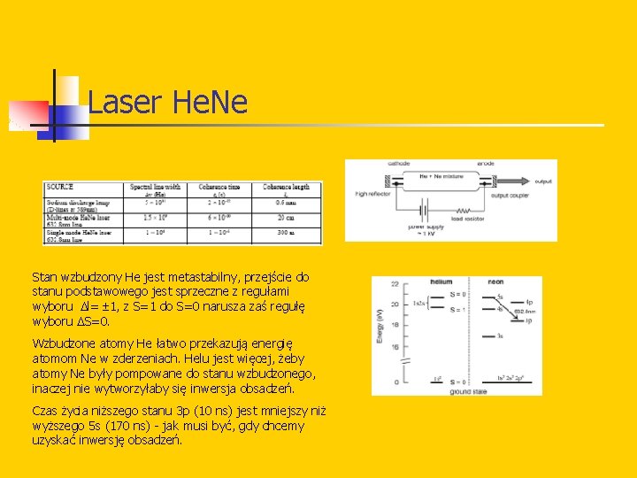 Laser He. Ne Stan wzbudzony He jest metastabilny, przejście do stanu podstawowego jest sprzeczne