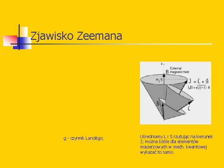 Zjawisko Zeemana g - czynnik Landégo; Uśredniamy L i S rzutując na kierunek J;