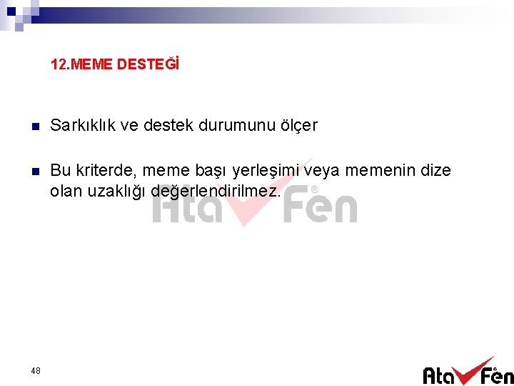 12. MEME DESTEĞİ n Sarkıklık ve destek durumunu ölçer n Bu kriterde, meme başı