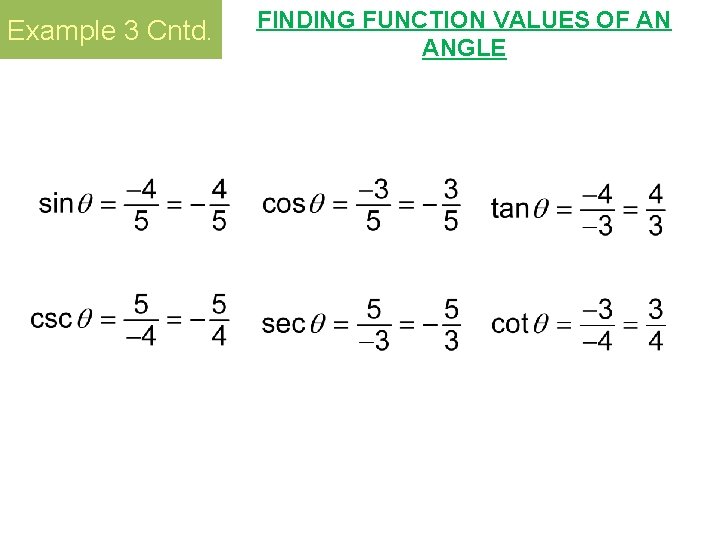 Example 3 Cntd. FINDING FUNCTION VALUES OF AN ANGLE 