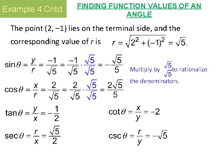 Example 4 Cntd. FINDING FUNCTION VALUES OF AN ANGLE The point (2, – 1)