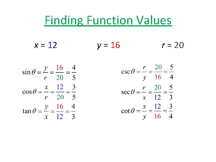 Finding Function Values x = 12 y = 16 r = 20 