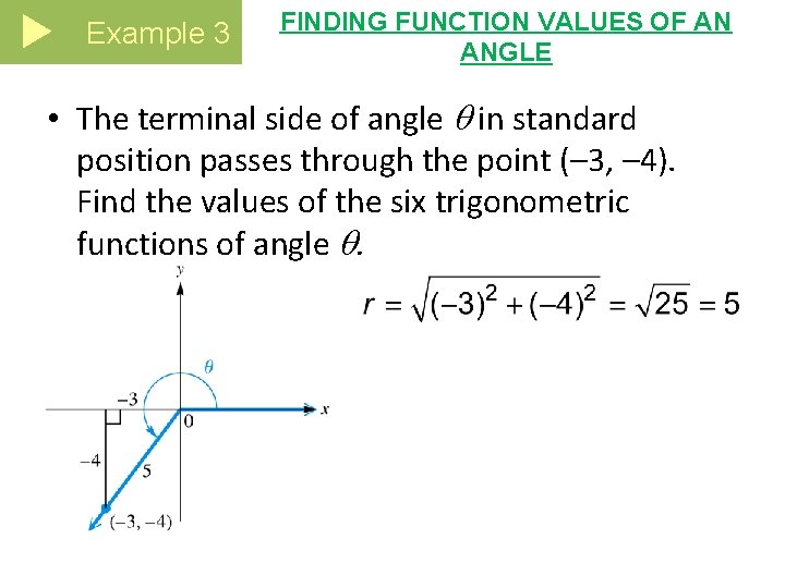Example 3 FINDING FUNCTION VALUES OF AN ANGLE • The terminal side of angle