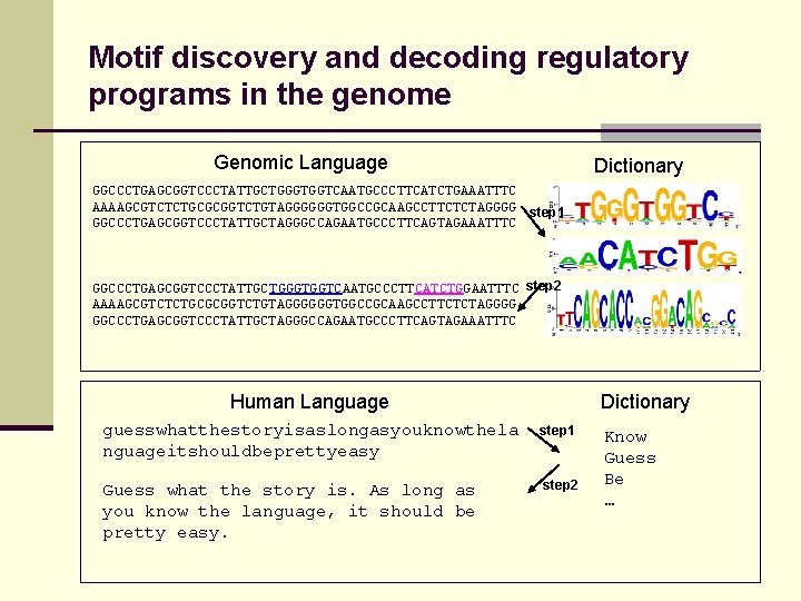 Motif discovery and decoding regulatory programs in the genome Genomic Language Dictionary GGCCCTGAGCGGTCCCTATTGCTGGGTGGTCAATGCCCTTCATCTGAAATTTC AAAAGCGTCTCTGCGCGGTCTGTAGGGGGGTGGCCGCAAGCCTTCTCTAGGGG