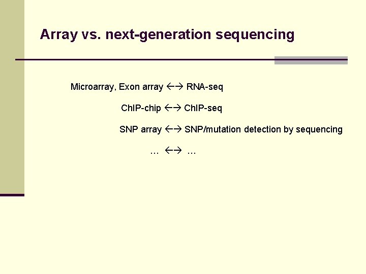 Array vs. next-generation sequencing Microarray, Exon array RNA-seq Ch. IP-chip Ch. IP-seq SNP array