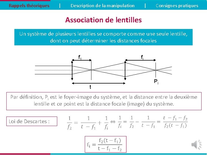 Rappels théoriques | Description de la manipulation | Consignes pratiques Association de lentilles Un