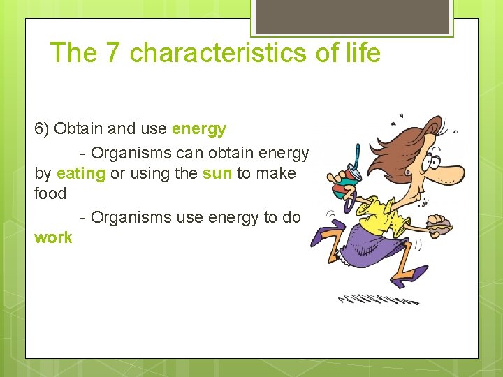 The 7 characteristics of life 6) Obtain and use energy - Organisms can obtain