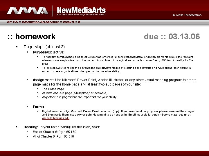 In-class Presentation Art 155 : : Information Architecture : : Week 9 : :