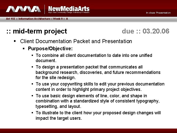 In-class Presentation Art 155 : : Information Architecture : : Week 9 : :