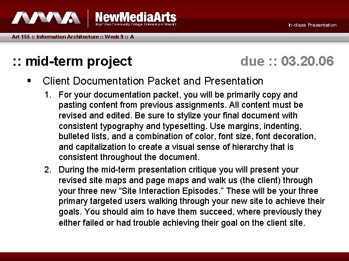 In-class Presentation Art 155 : : Information Architecture : : Week 9 : :