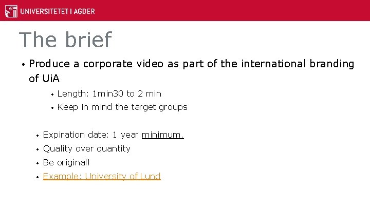 The brief • Produce a corporate video as part of the international branding of