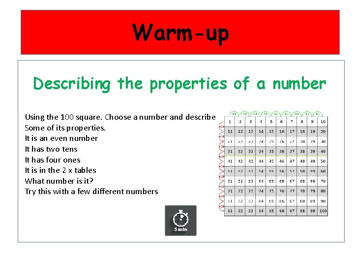 Warm-up Describing the properties of a number Using the 100 square. Choose a number