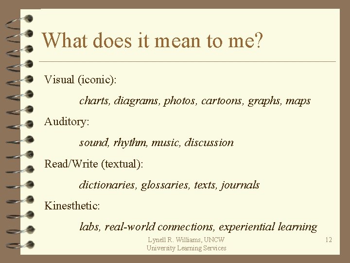 What does it mean to me? Visual (iconic): charts, diagrams, photos, cartoons, graphs, maps