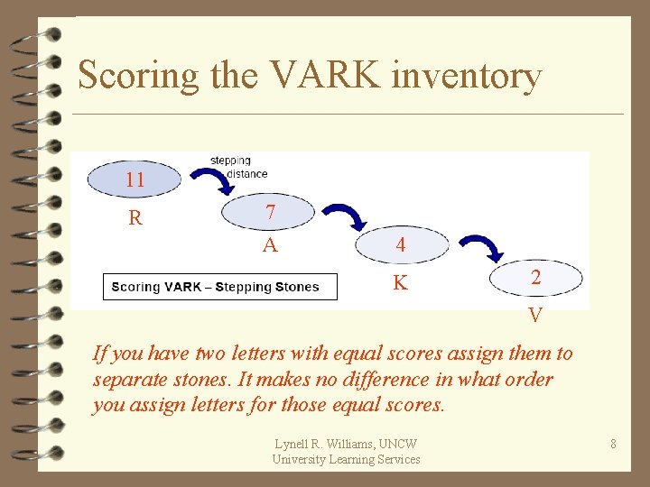 Scoring the VARK inventory 11 R 7 A 4 K 2 V If you