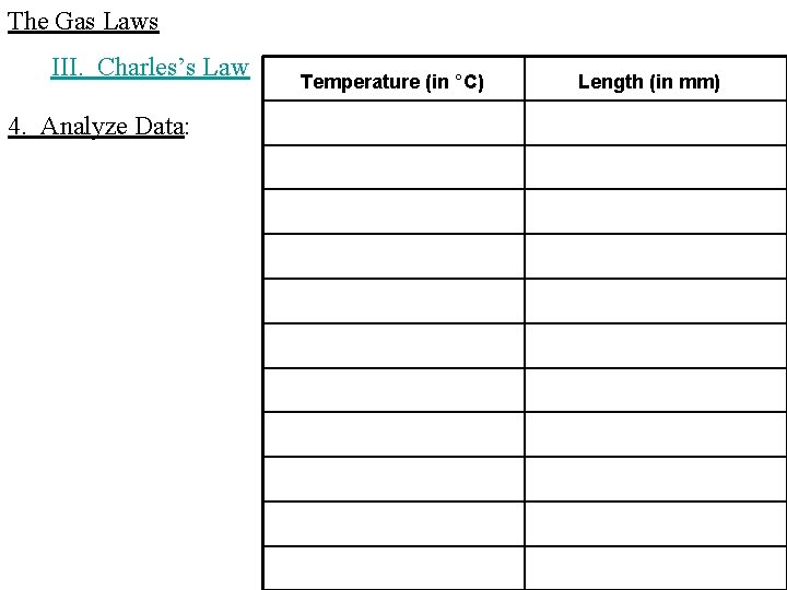 The Gas Laws III. Charles’s Law 4. Analyze Data: Temperature (in °C) Length (in