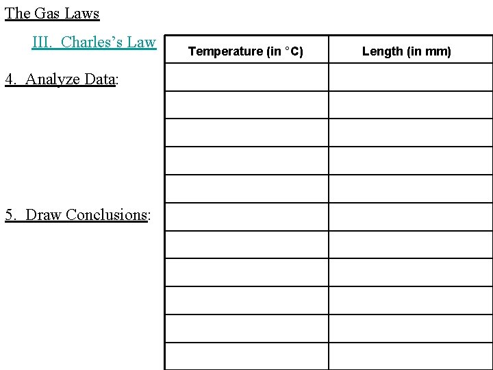 The Gas Laws III. Charles’s Law 4. Analyze Data: 5. Draw Conclusions: Temperature (in