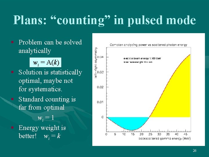 Plans: “counting” in pulsed mode § Problem can be solved analytically wi = A(k)