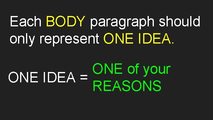 Each BODY paragraph should only represent ONE IDEA. ONE of your ONE IDEA =