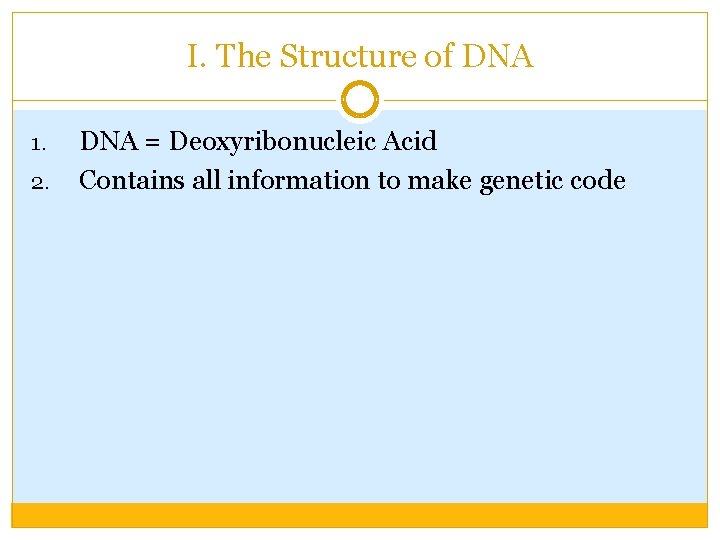 I. The Structure of DNA 1. 2. DNA = Deoxyribonucleic Acid Contains all information
