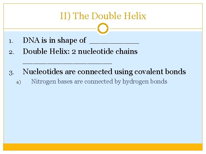 II) The Double Helix DNA is in shape of _____ Double Helix: 2 nucleotide