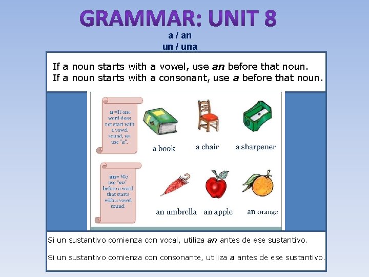 a / an un / una If a noun starts with a vowel, use