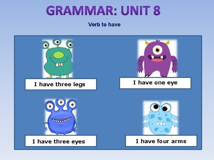 Verb to have I have three legs I have three eyes I have one