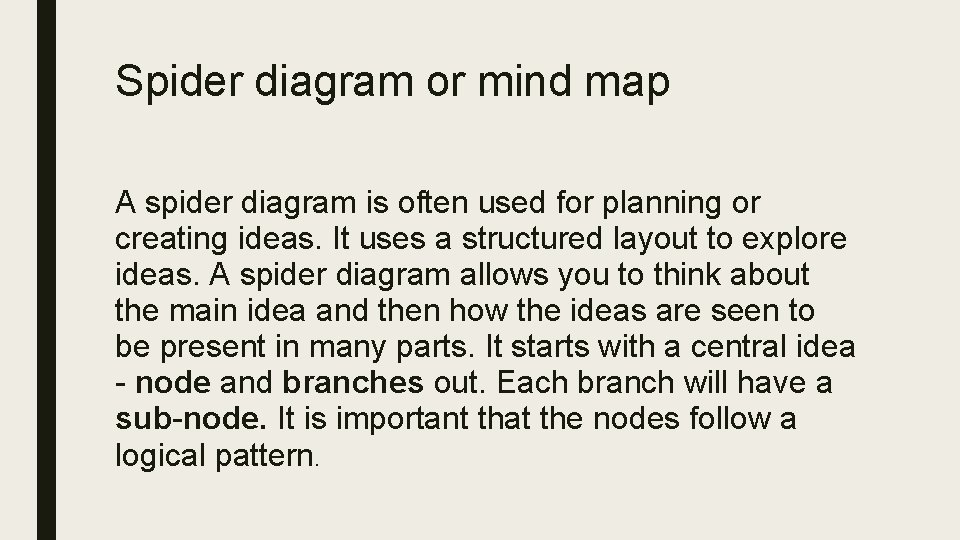 Spider diagram or mind map A spider diagram is often used for planning or