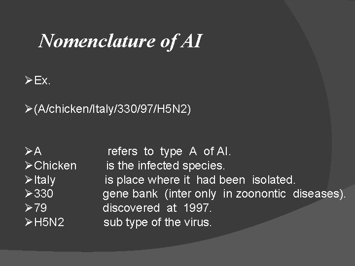 Nomenclature of AI ØEx. Ø(A/chicken/Italy/330/97/H 5 N 2) ØA ØChicken ØItaly Ø 330 Ø