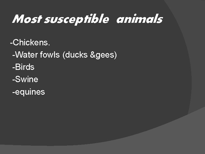 Most susceptible animals -Chickens. -Water fowls (ducks &gees) -Birds -Swine -equines 