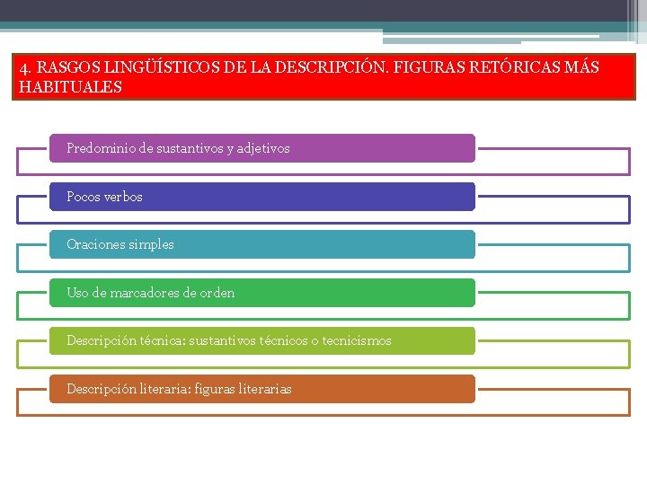 4. RASGOS LINGÜÍSTICOS DE LA DESCRIPCIÓN. FIGURAS RETÓRICAS MÁS HABITUALES Predominio de sustantivos y