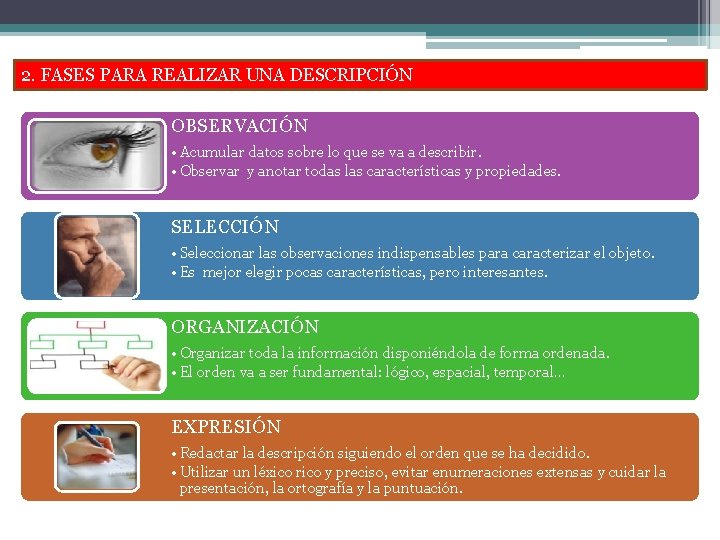 2. FASES PARA REALIZAR UNA DESCRIPCIÓN OBSERVACIÓN • Acumular datos sobre lo que se