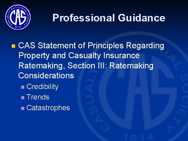 Professional Guidance n CAS Statement of Principles Regarding Property and Casualty Insurance Ratemaking, Section