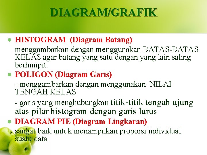 DIAGRAM/GRAFIK l l HISTOGRAM (Diagram Batang) menggambarkan dengan menggunakan BATAS-BATAS KELAS agar batang yang