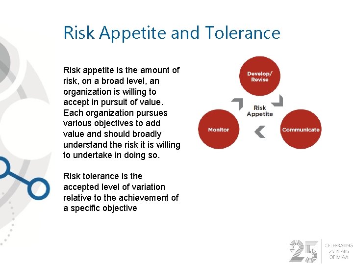 Risk Appetite and Tolerance Risk appetite is the amount of risk, on a broad