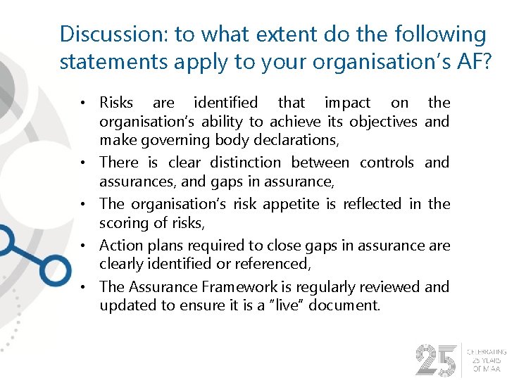 Discussion: to what extent do the following statements apply to your organisation’s AF? •