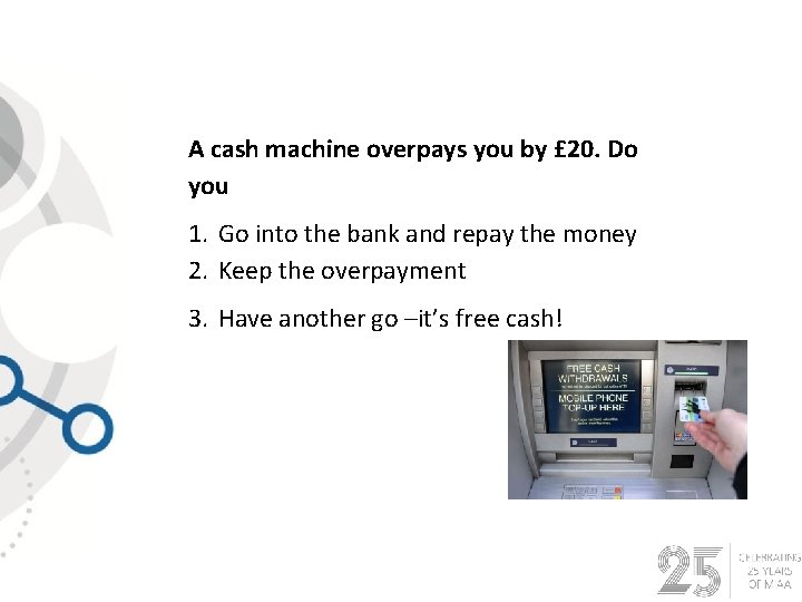 A cash machine overpays you by £ 20. Do you 1. Go into the