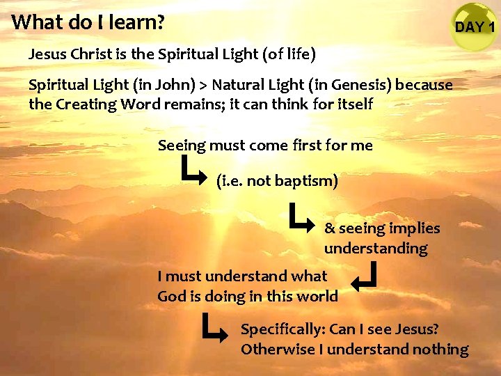 What do I learn? DAY 1 Jesus Christ is the Spiritual Light (of life)