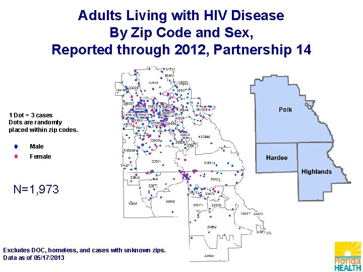 Adults Living with HIV Disease By Zip Code and Sex, Reported through 2012, Partnership