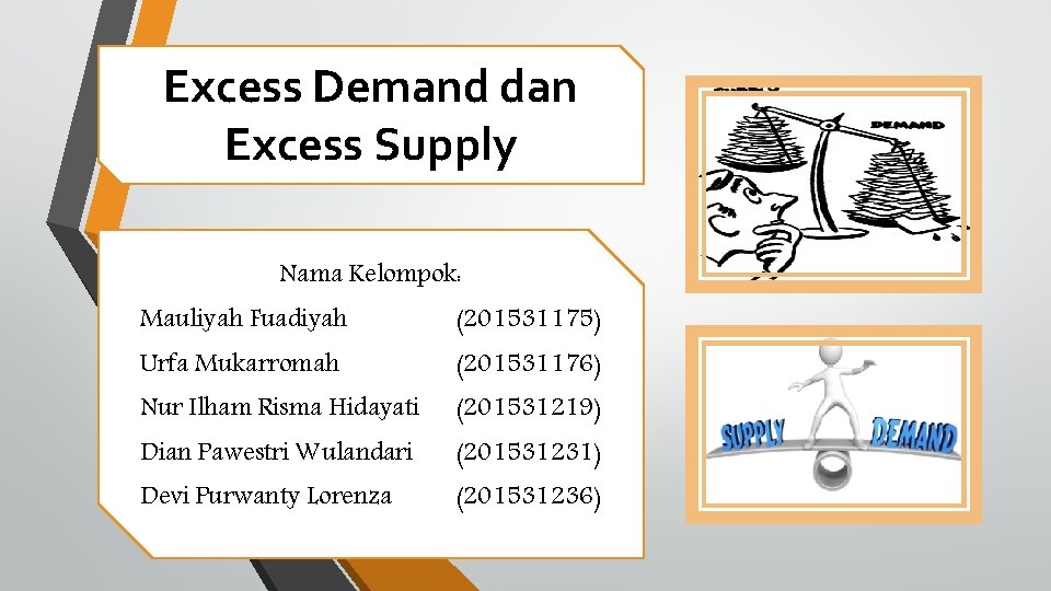 Excess Demand dan Excess Supply Nama Kelompok: Mauliyah Fuadiyah (201531175) Urfa Mukarromah (201531176) Nur