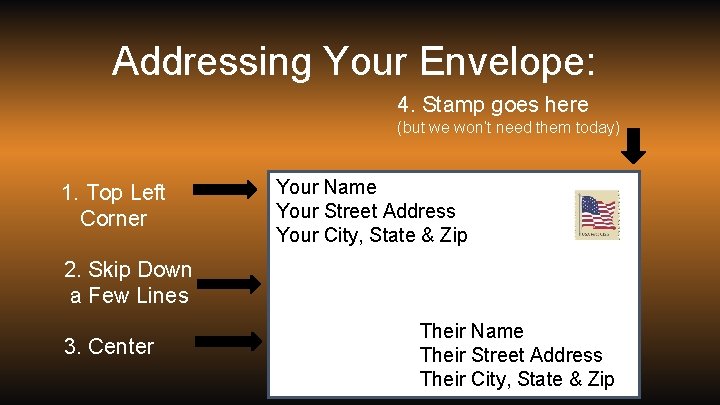 Addressing Your Envelope: 4. Stamp goes here (but we won’t need them today) 1.