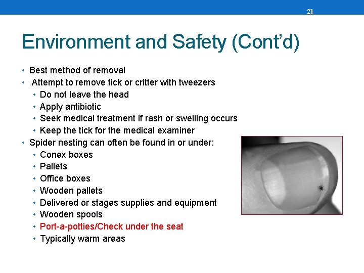 21 Environment and Safety (Cont’d) • Best method of removal • Attempt to remove