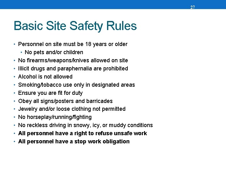 27 Basic Site Safety Rules • Personnel on site must be 18 years or