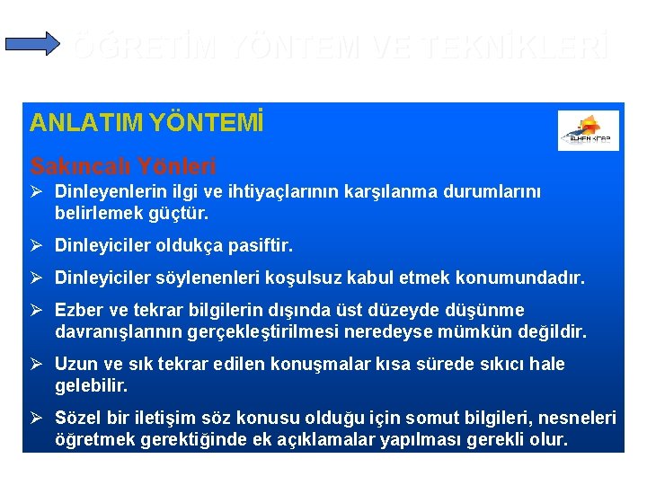 ÖĞRETİM YÖNTEM VE TEKNİKLERİ ANLATIM YÖNTEMİ Sakıncalı Yönleri Ø Dinleyenlerin ilgi ve ihtiyaçlarının karşılanma