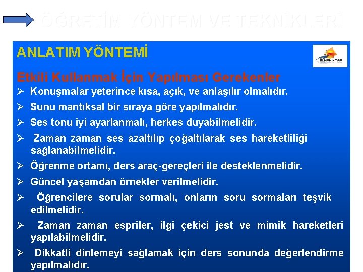 ÖĞRETİM YÖNTEM VE TEKNİKLERİ ANLATIM YÖNTEMİ Etkili Kullanmak İçin Yapılması Gerekenler Ø Konuşmalar yeterince