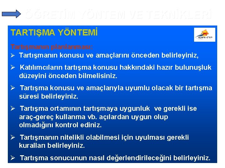 ÖĞRETİM YÖNTEM VE TEKNİKLERİ TARTIŞMA YÖNTEMİ Tartışmanın planlanması: Ø Tartışmanın konusu ve amaçlarını önceden