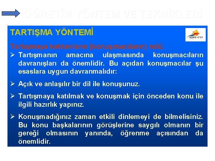 ÖĞRETİM YÖNTEM VE TEKNİKLERİ TARTIŞMA YÖNTEMİ Tartışmaya katılanların (konuşmacıların) rolü: Ø Tartışmanın amacına ulaşmasında